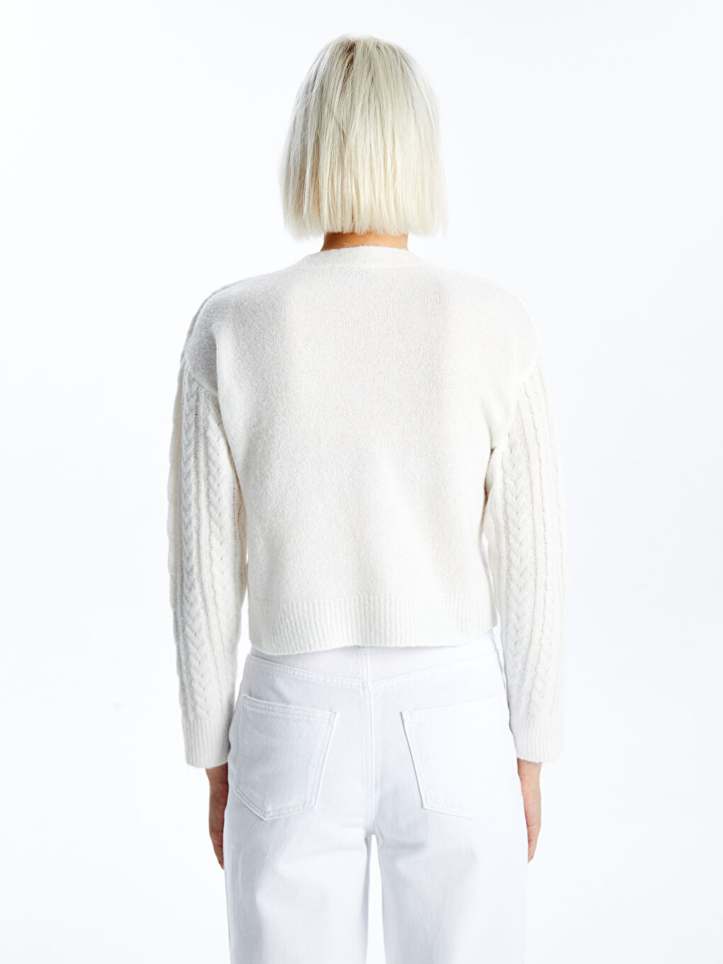 V Neck Self-Patterned Crop Women's Knitwear Cardigan-3