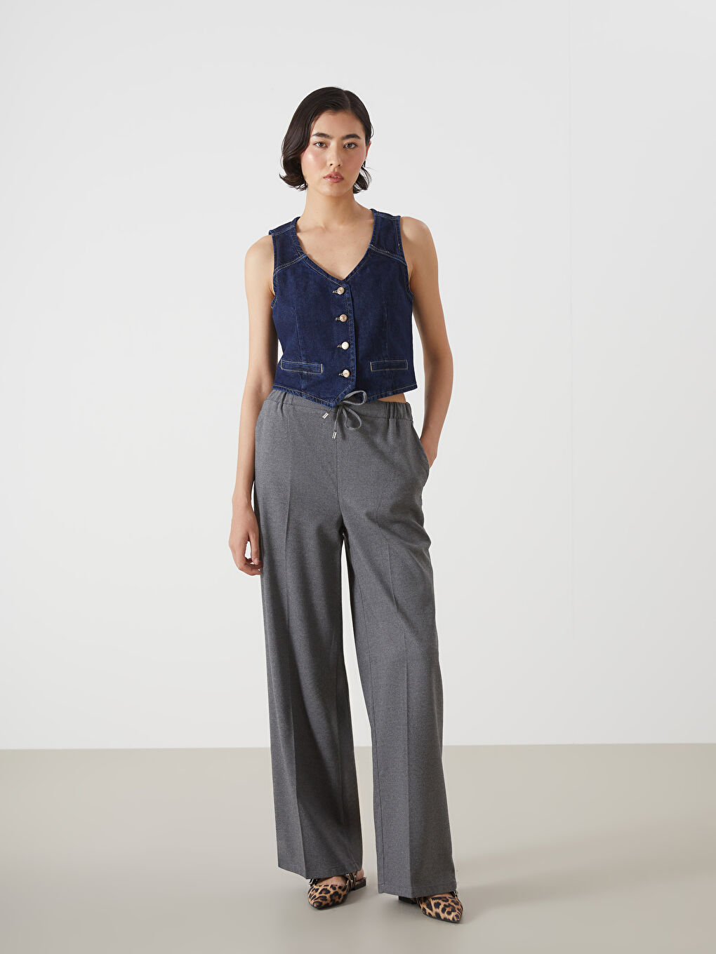 LCW Vision Elastic Waist Wide Leg Women's Trousers -W4HV88Z8-CT3
