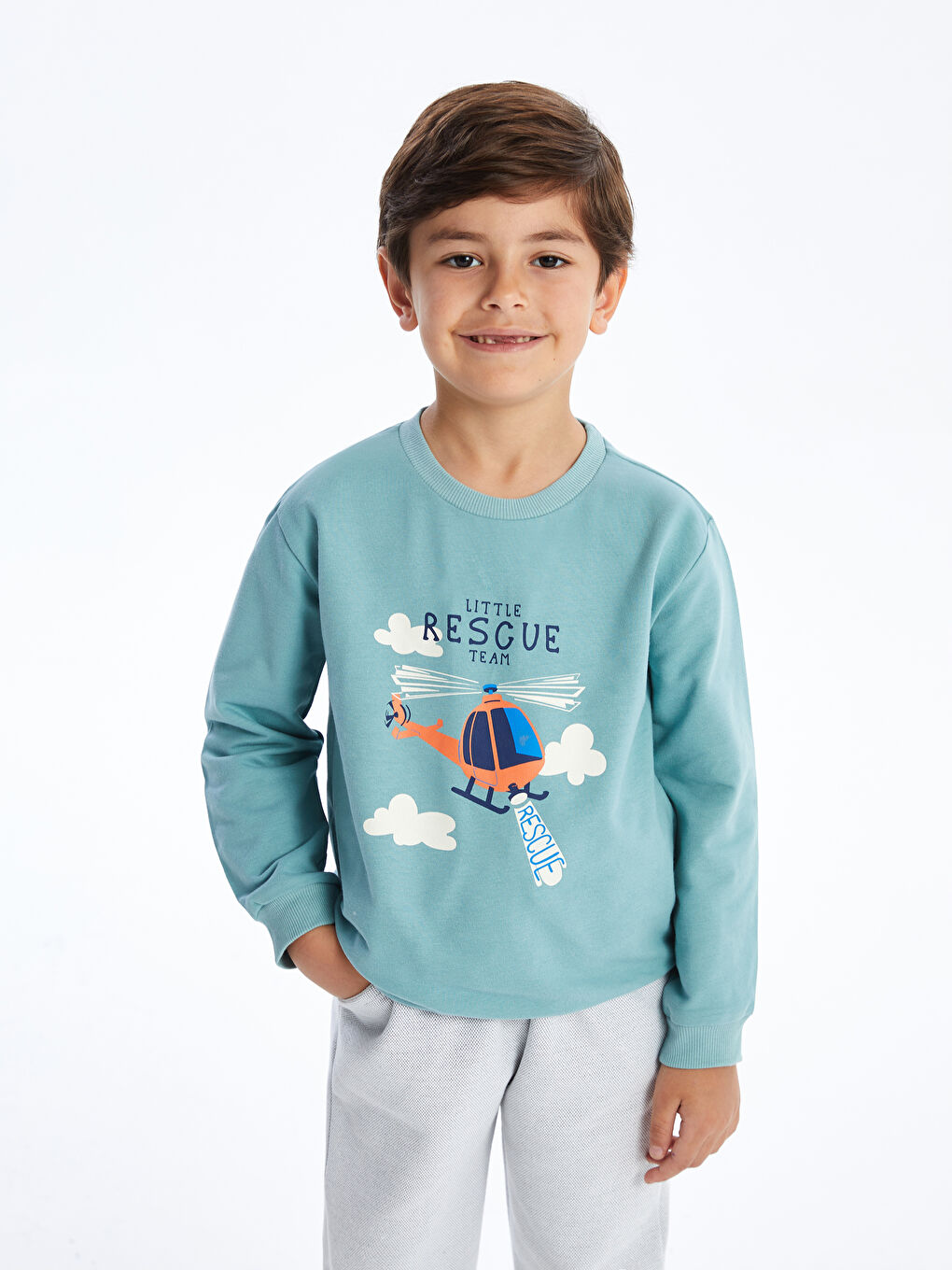 LCW baby Yeşil Bisiklet Yaka Baskılı Erkek Bebek Sweatshirt