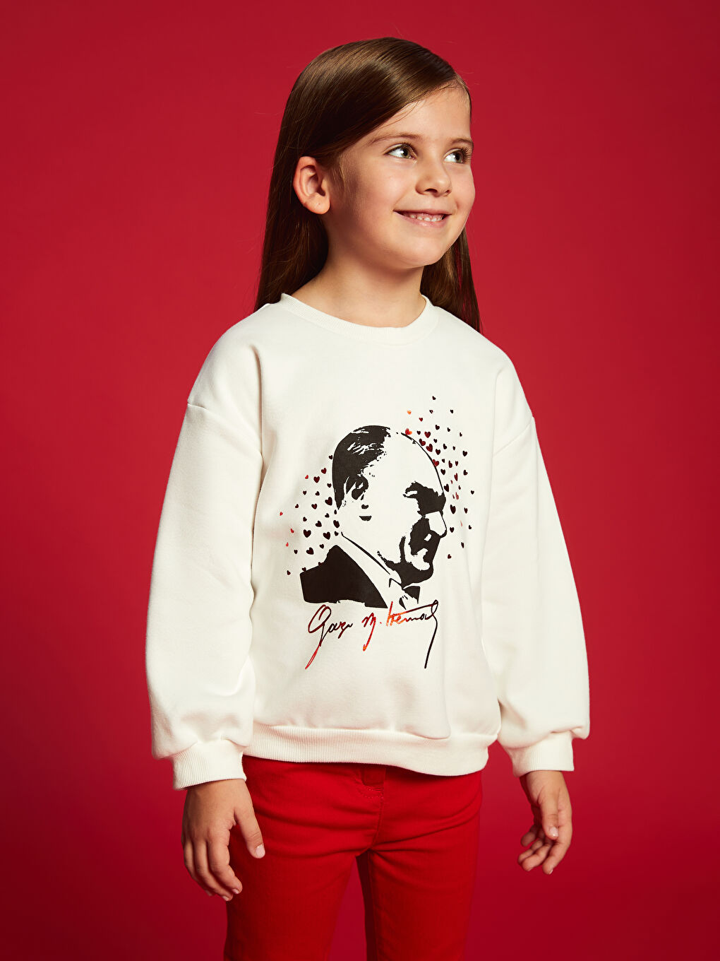 LCW Kids Ekru Bisiklet Yaka Uzun Kollu Atatürk Baskılı Kız Bebek Sweatshirt - 1