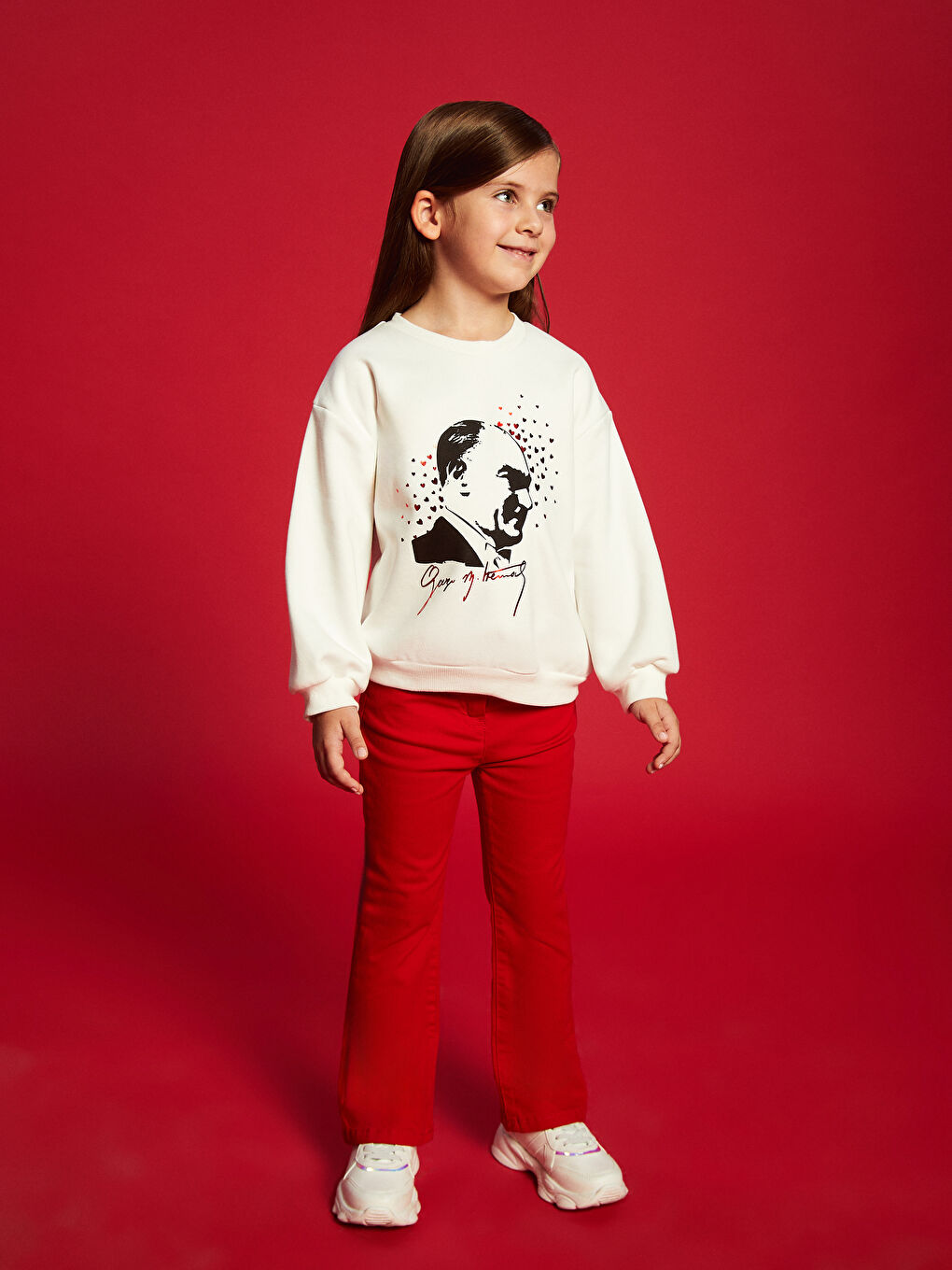 LCW Kids Ekru Bisiklet Yaka Uzun Kollu Atatürk Baskılı Kız Bebek Sweatshirt - 2