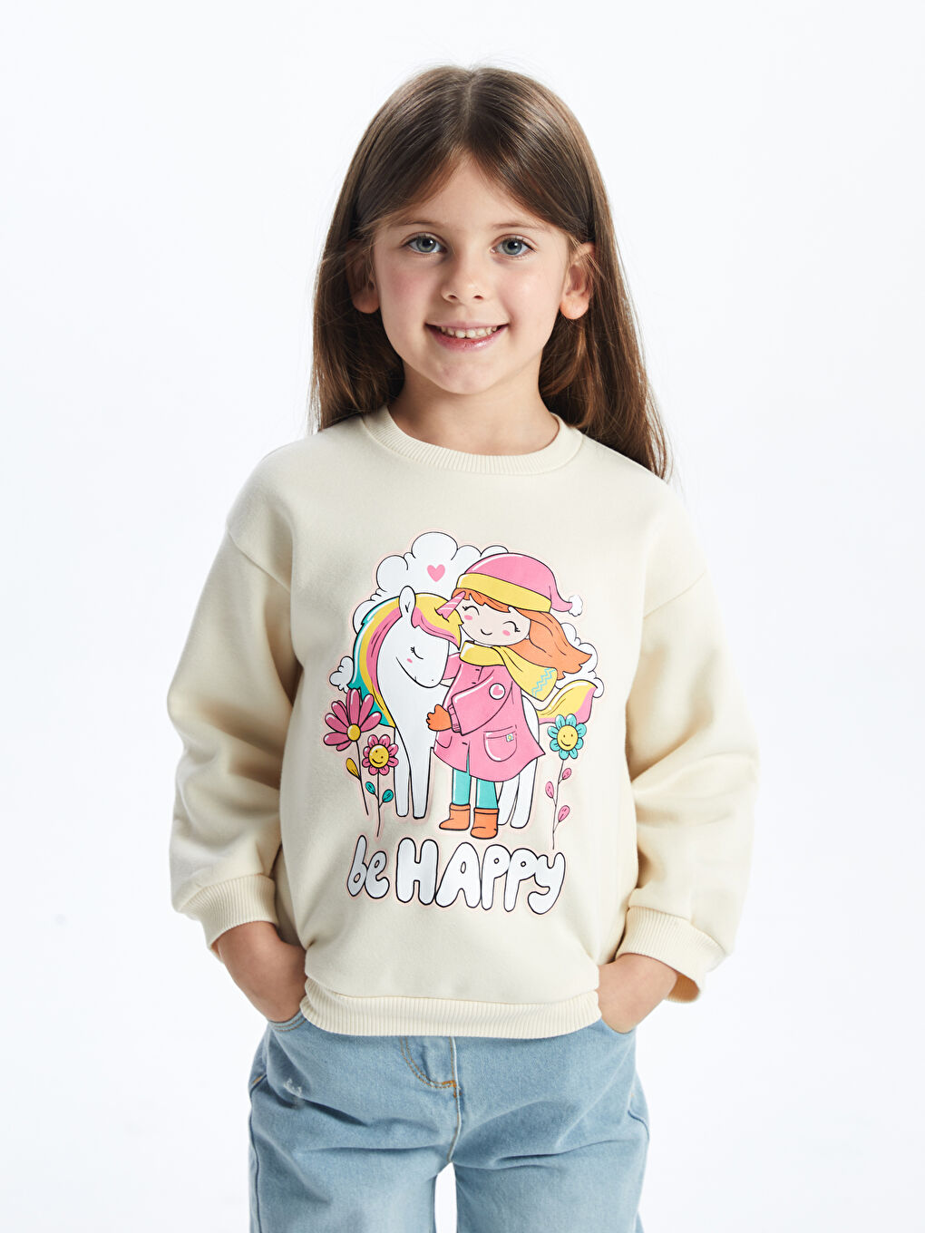 LCW Kids Ekru Bisiklet Yaka Uzun Kollu Baskılı Kız Bebek Sweatshirt