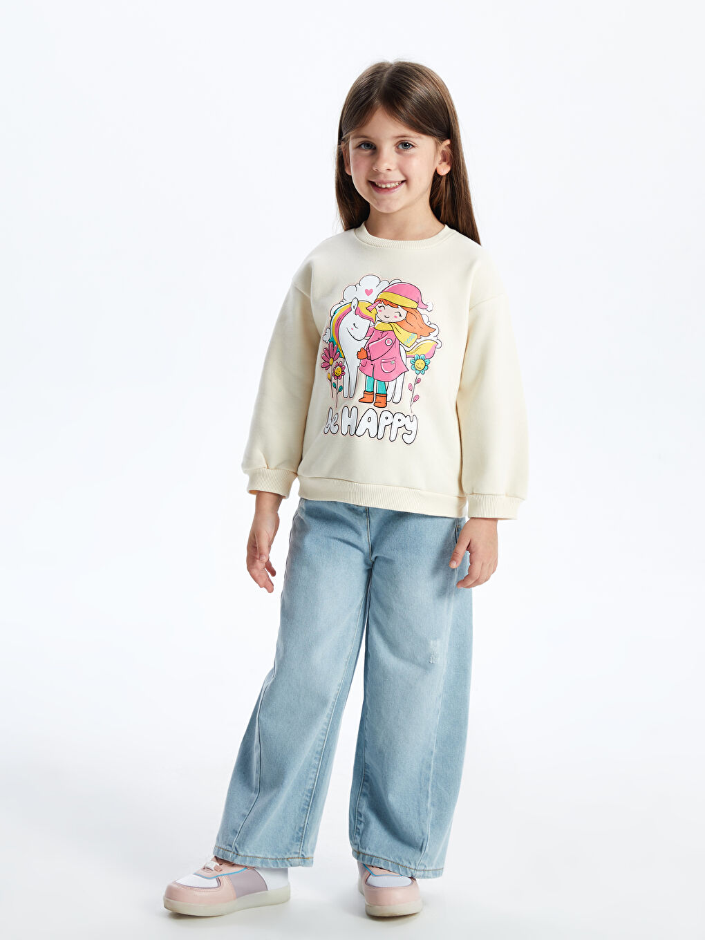 LCW Kids Ekru Bisiklet Yaka Uzun Kollu Baskılı Kız Bebek Sweatshirt - 1