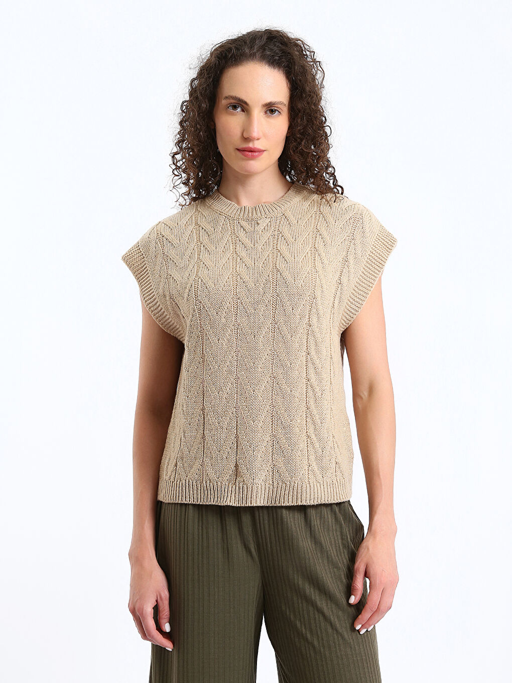 Crew Neck Self Patterned Women's Knitwear Sweater Vest