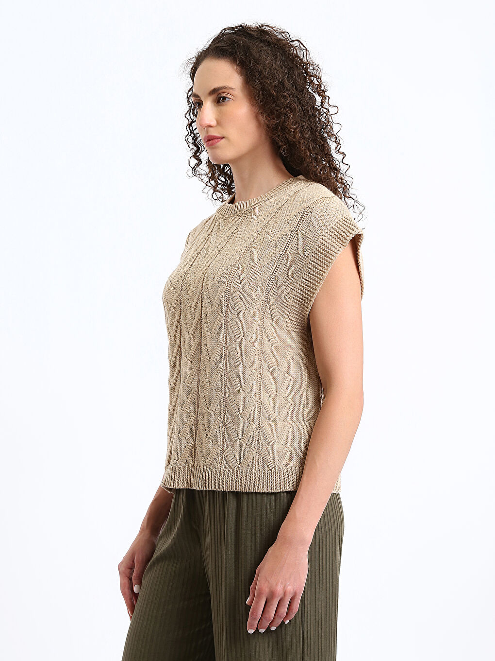 Crew Neck Self Patterned Women's Knitwear Sweater Vest-3