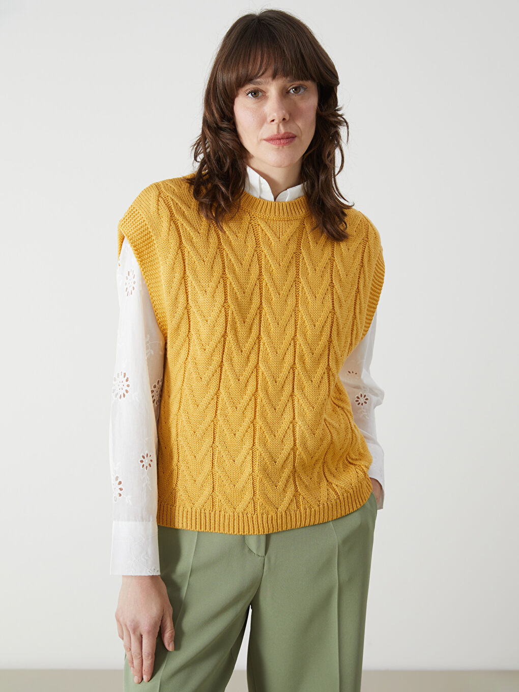 Crew Neck Self Patterned Women's Knitwear Sweater Vest