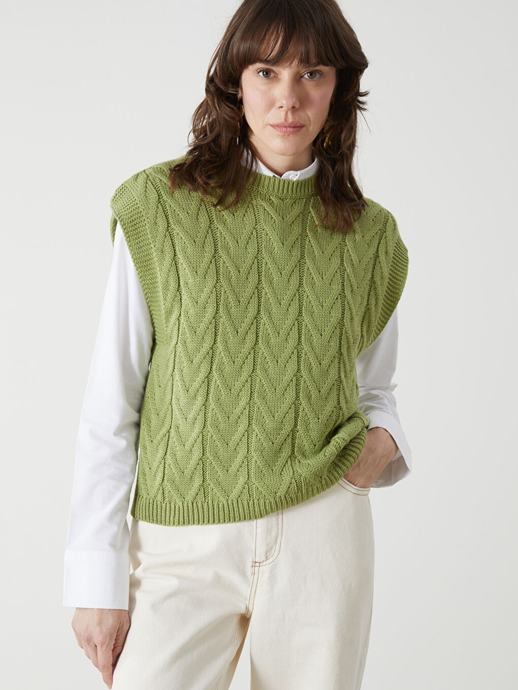 Crew Neck Self Patterned Women's Knitwear Sweater Vest