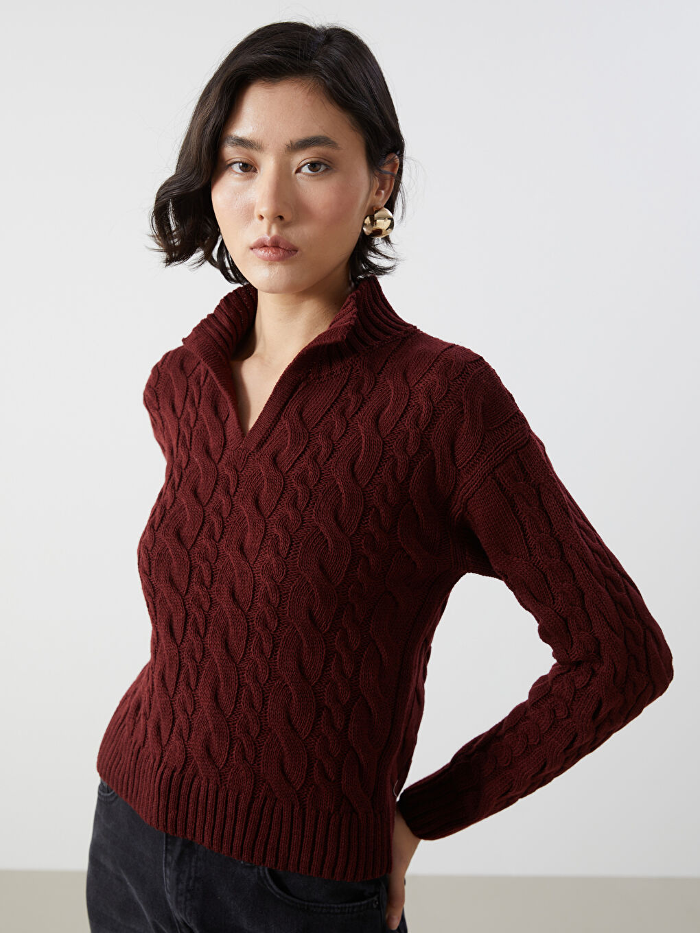 Notch Neck Self-Patterned Women's Knitwear Sweater