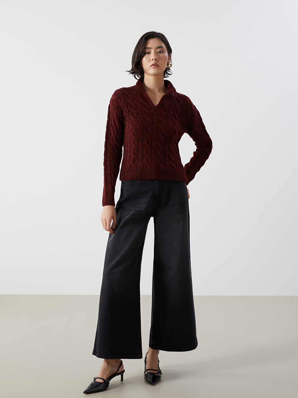 Notch Neck Self-Patterned Women's Knitwear Sweater-1