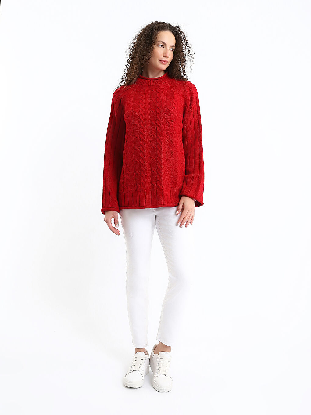 كنزة صوفية تريكو بياقة شبه عالية منقوشة للسيدات-1