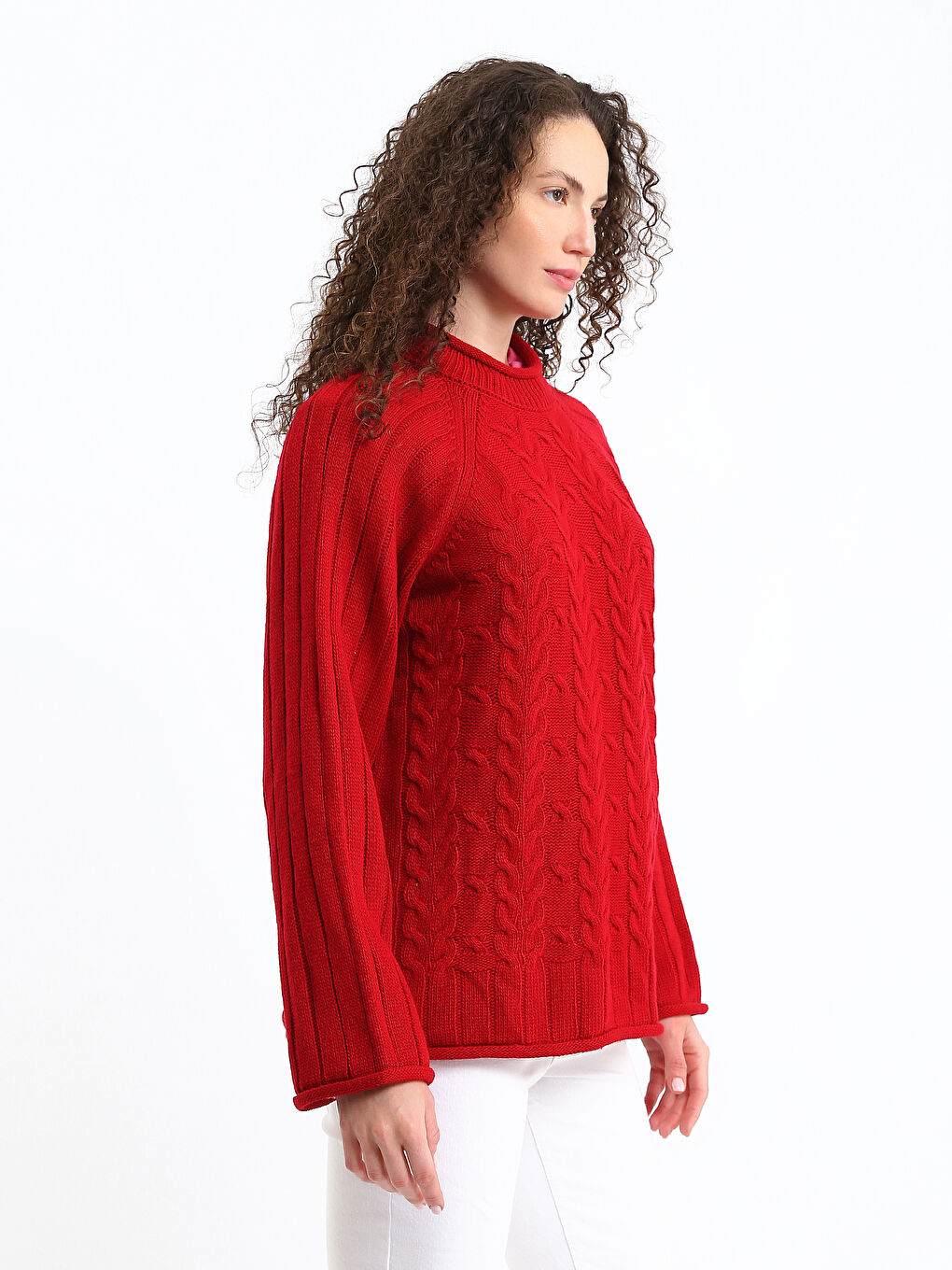 كنزة صوفية تريكو بياقة شبه عالية منقوشة للسيدات-3