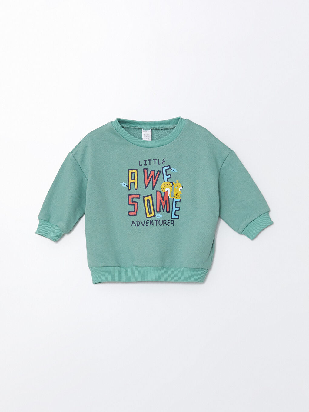 LCW ECO Mat Yeşil Bisiklet Yaka Uzun Kollu Baskılı Erkek Bebek Sweatshirt