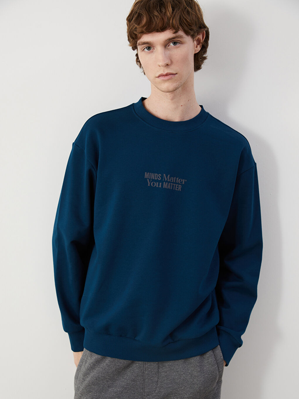 Petrol Bisiklet Yaka Baskılı Erkek Kalın Sweatshirt