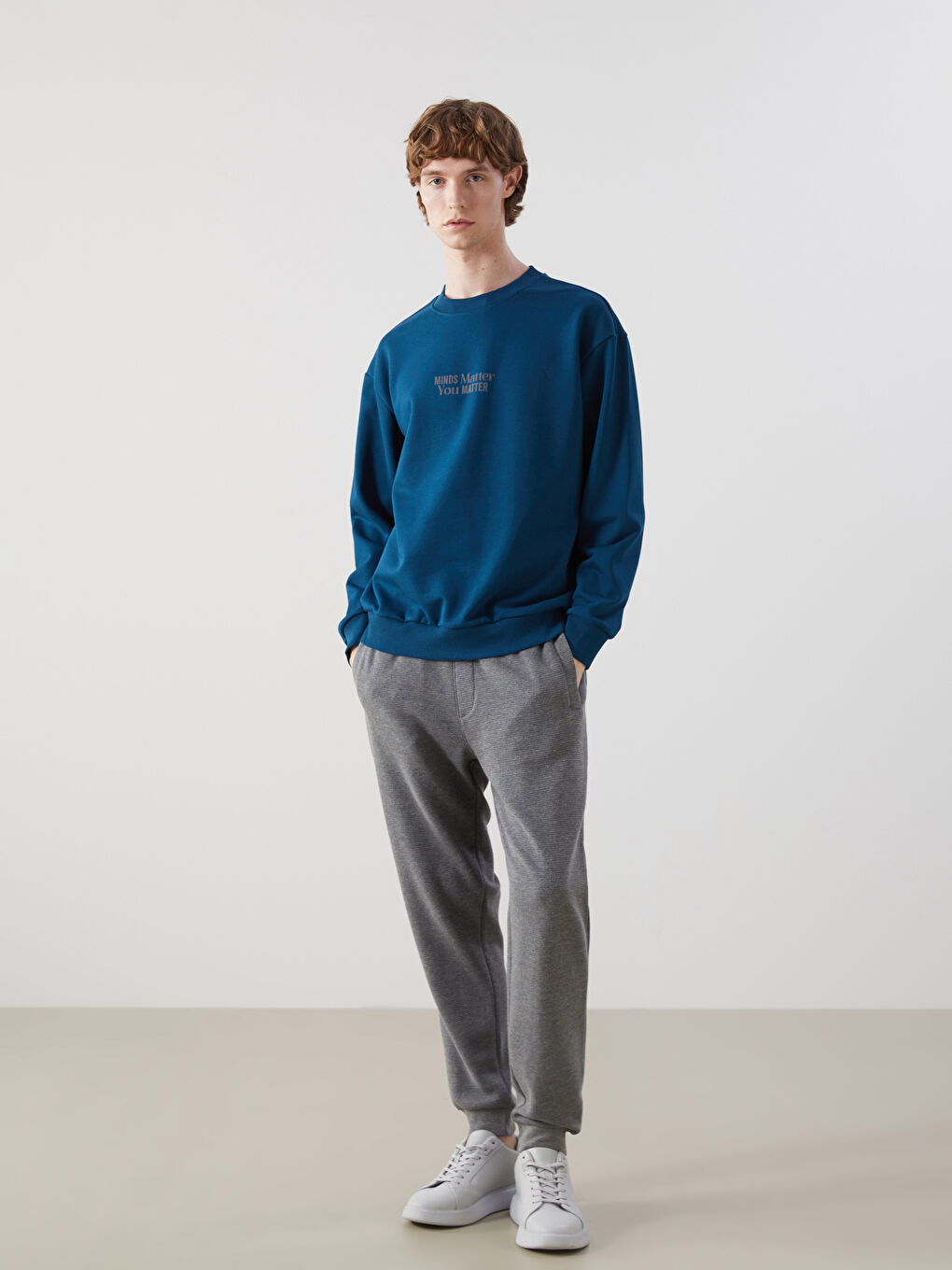 Petrol Bisiklet Yaka Baskılı Erkek Kalın Sweatshirt-1