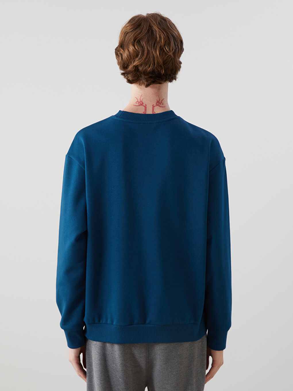 Petrol Bisiklet Yaka Baskılı Erkek Kalın Sweatshirt-3