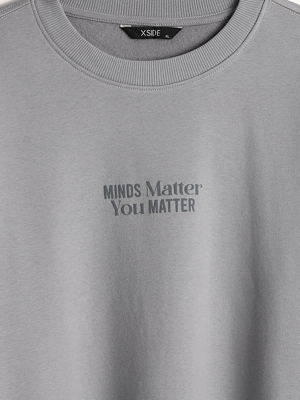 Gri Bisiklet Yaka Baskılı Erkek Kalın Sweatshirt-2