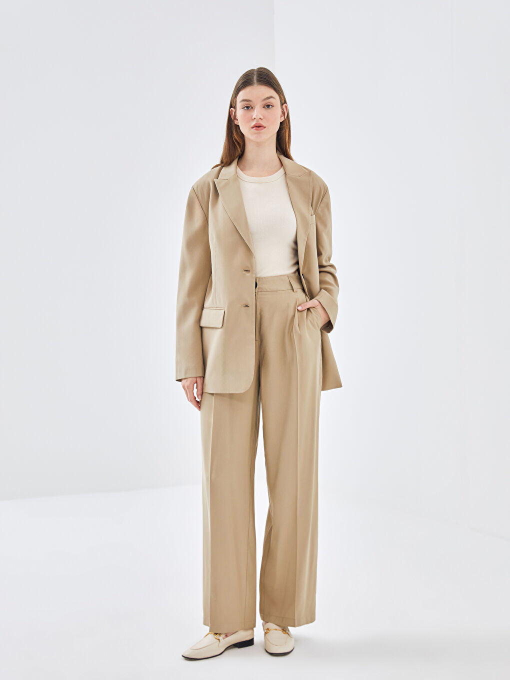 Bej Loose Fit Geniş Paça Kadın Pantolon