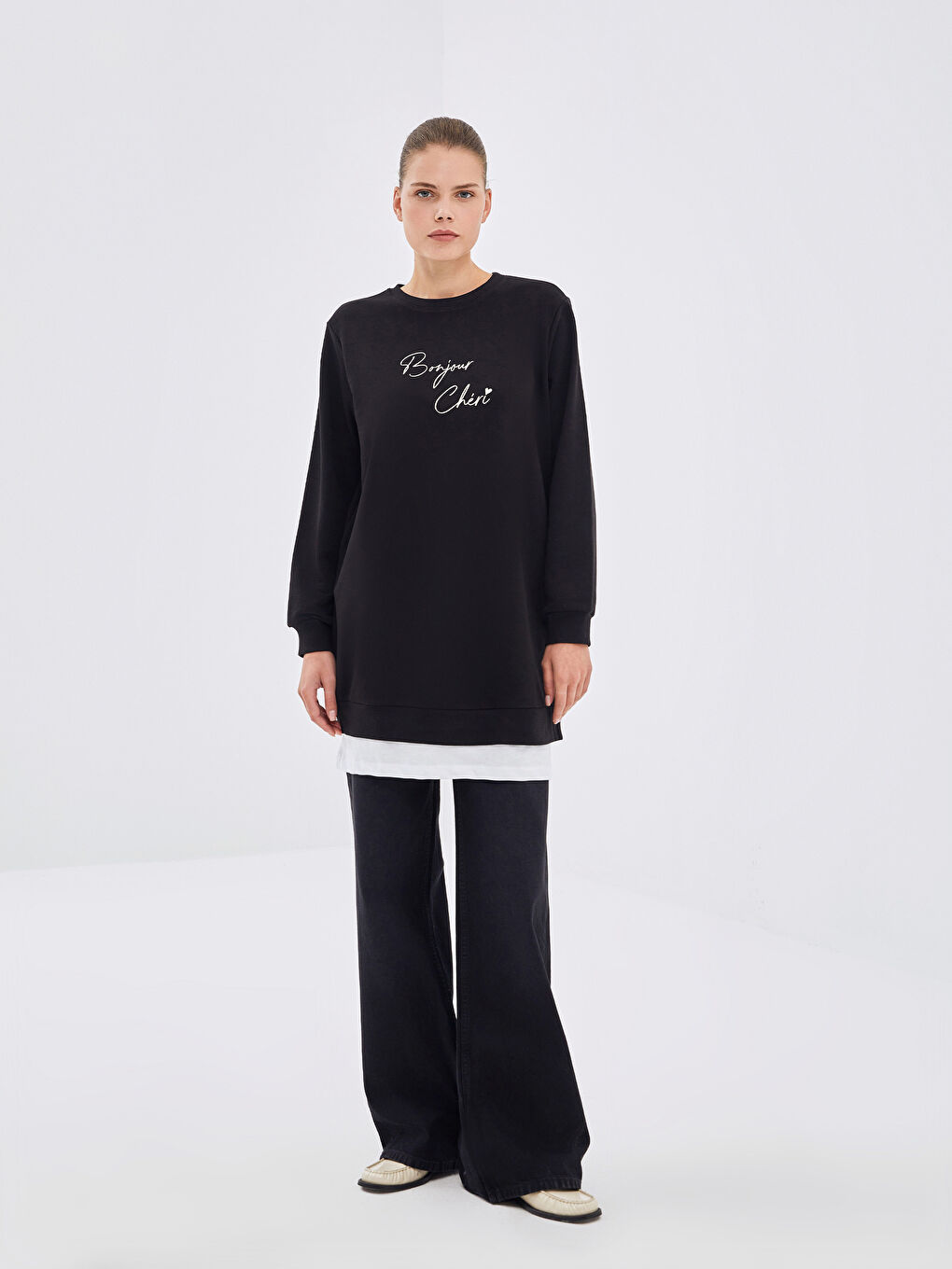 LCW Modest Yeni Siyah Bisiklet Yaka Baskılı Kadın Sweatshirt Tunik - 1