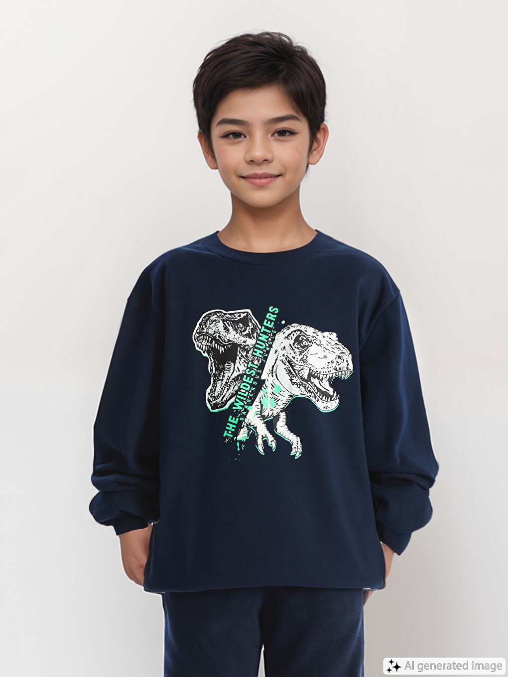 LCW Kids Lacivert Bisiklet Yaka Baskılı Uzun Kollu Erkek Çocuk Sweatshirt