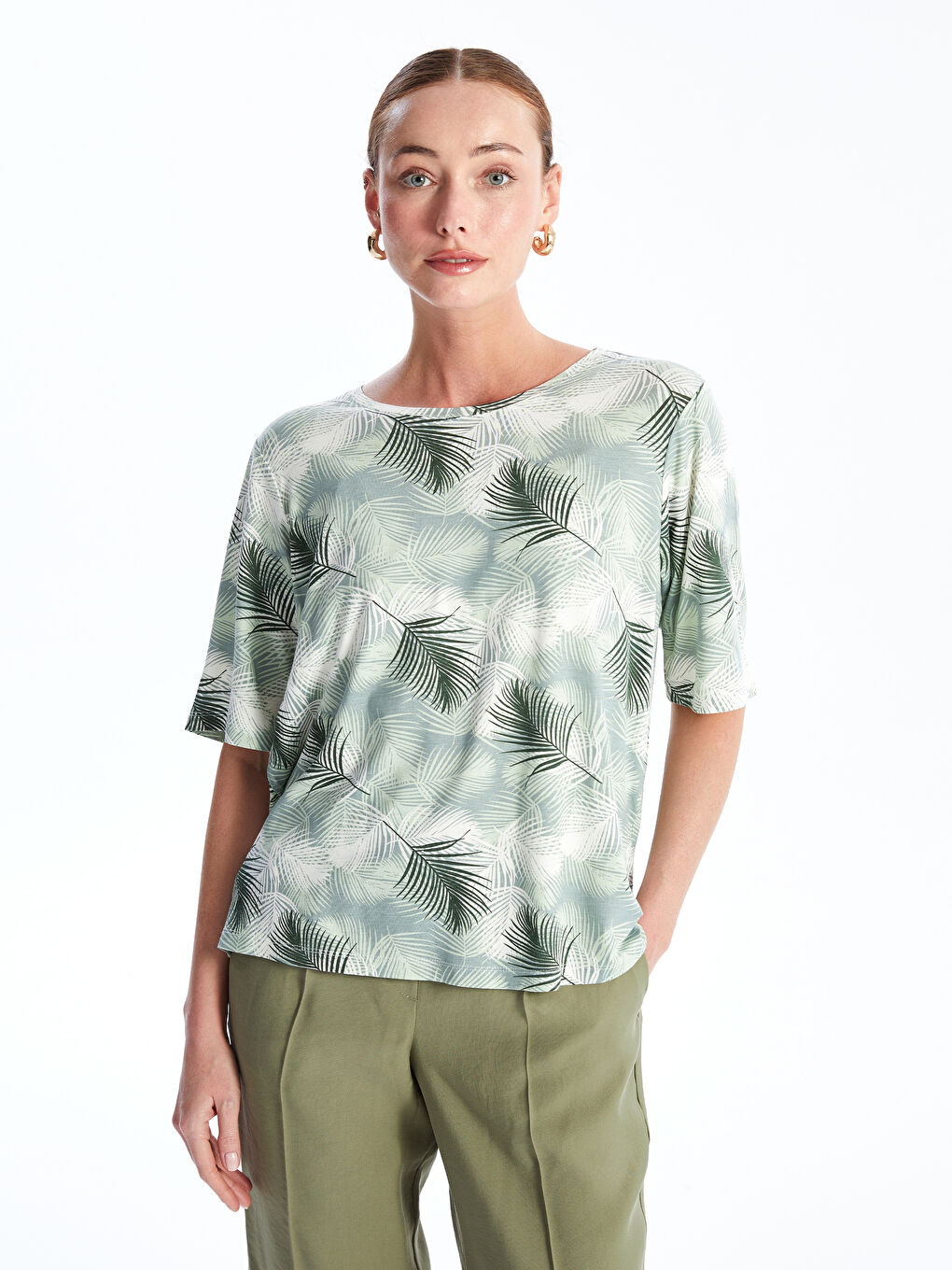 LCW ECO Crew Neck Patterned Short Sleeve Women's T-Shirt -W4I659Z8-LRR
