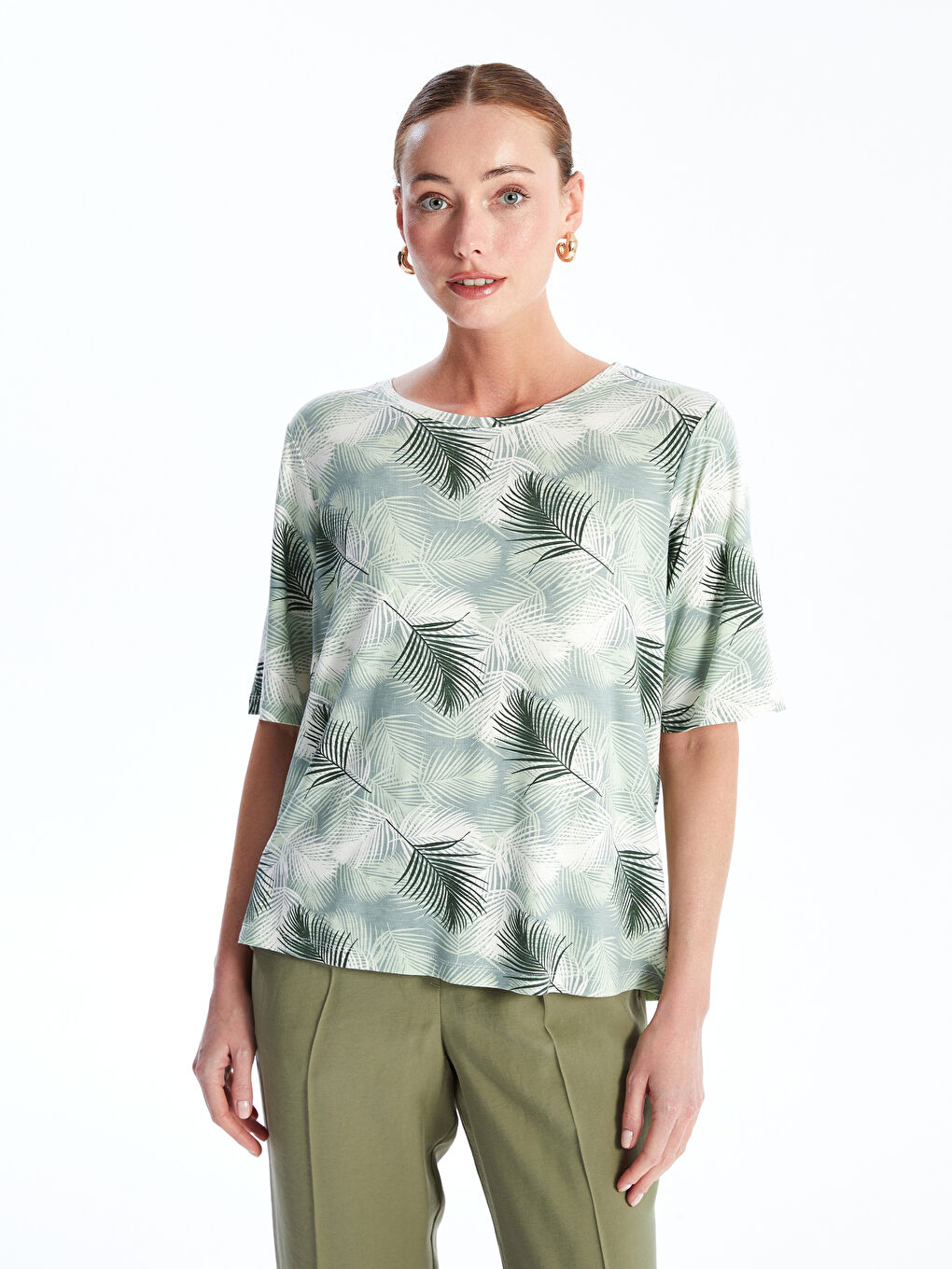 LCW ECO Crew Neck Patterned Short Sleeve Women's T-Shirt -W4I659Z8-LRR