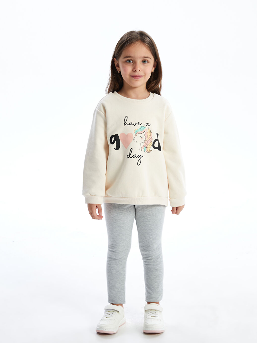 LCW Kids Ekru Bisiklet Yaka Baskılı Kalın Kız Çocuk Sweatshirt - 1