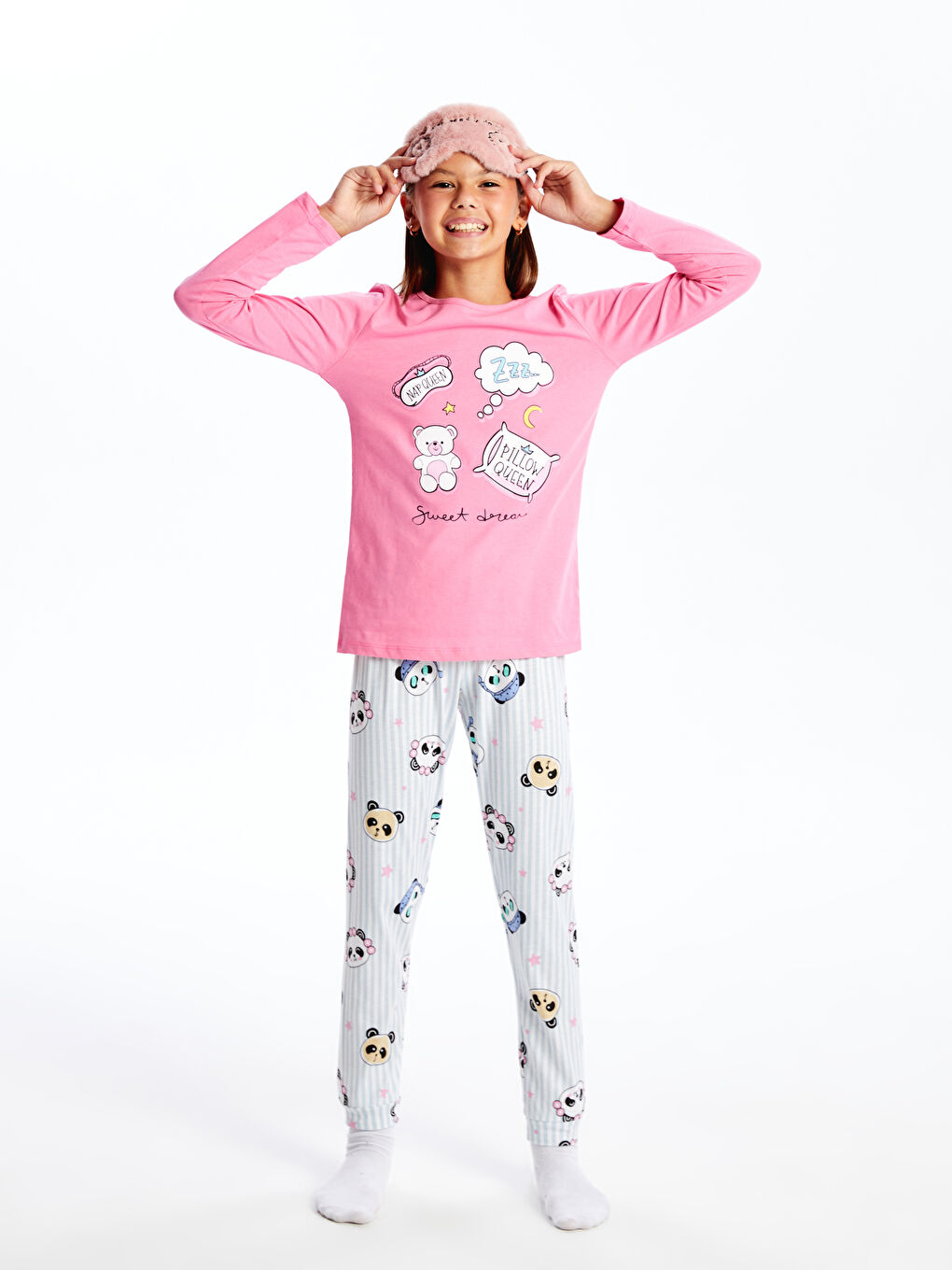 LCW Kids Buxe Beyazı Bisiklet Yaka Baskılı Kız Çocuk Pijama Takımı - 1