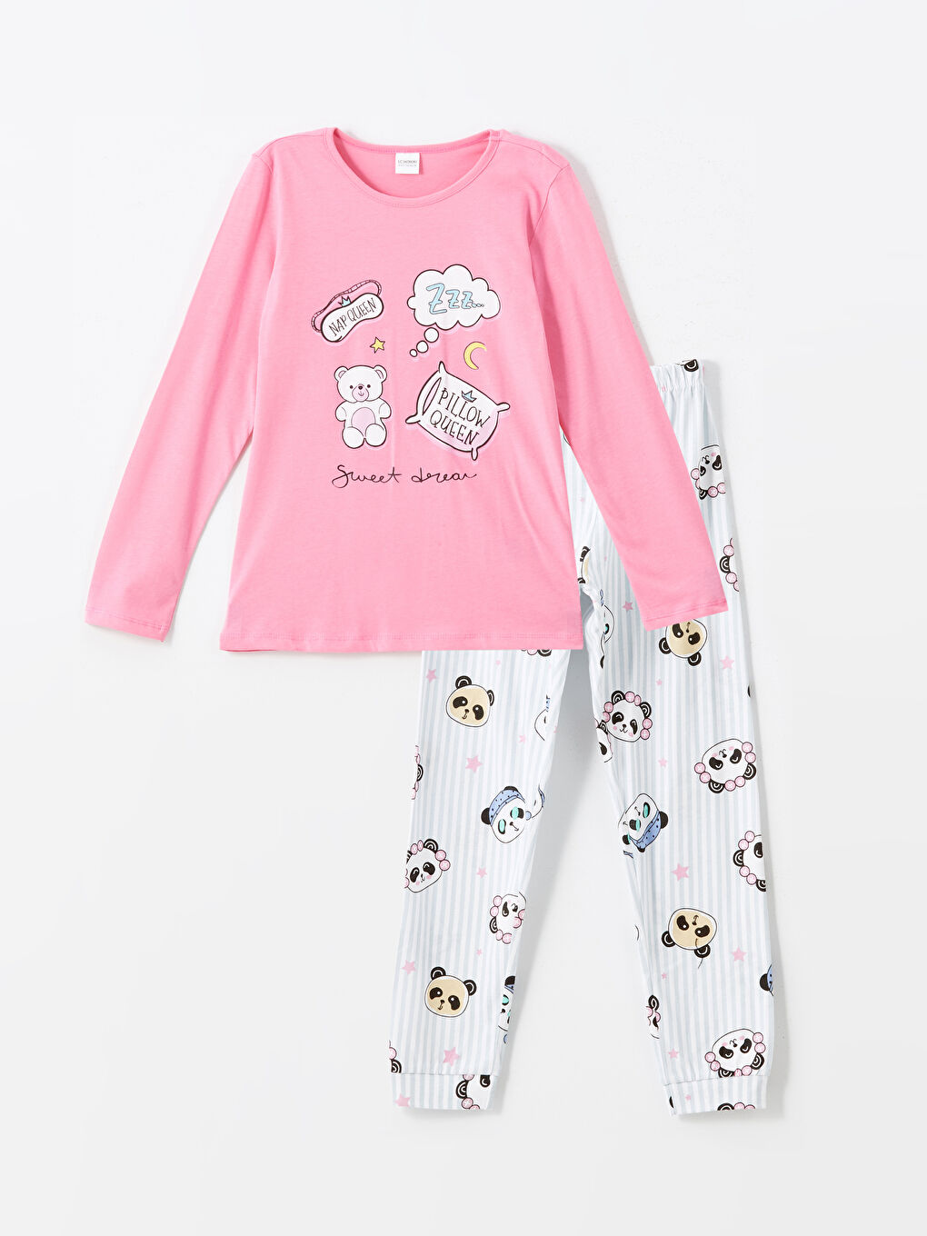 LCW Kids Buxe Beyazı Bisiklet Yaka Baskılı Kız Çocuk Pijama Takımı - 3