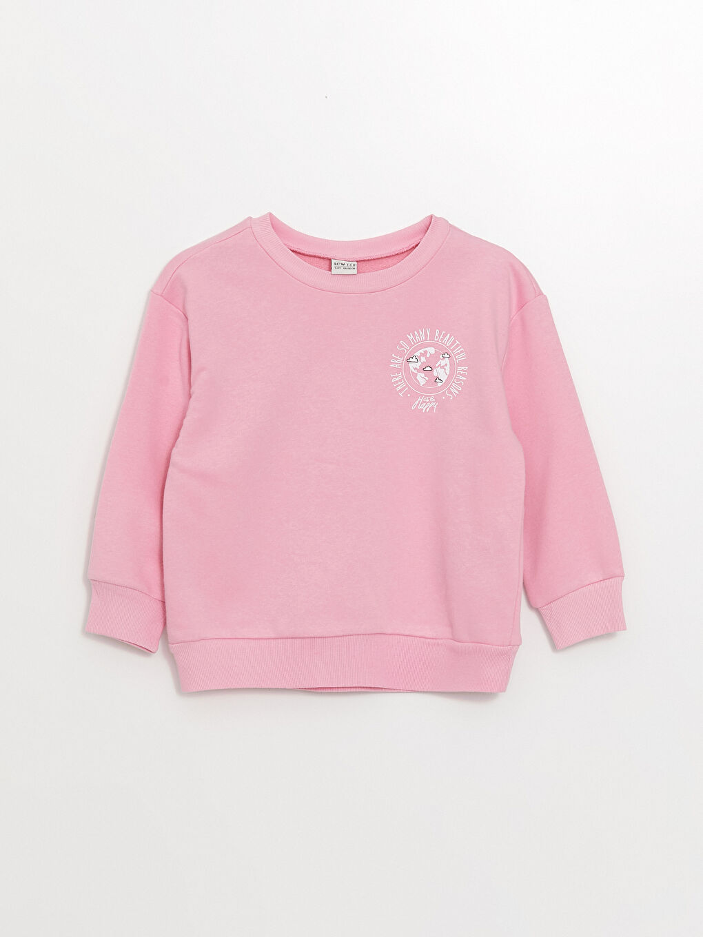 LCW ECO Orta Pembe Bisiklet Yaka Baskılı Uzun Kollu Kız Çocuk Sweatshirt