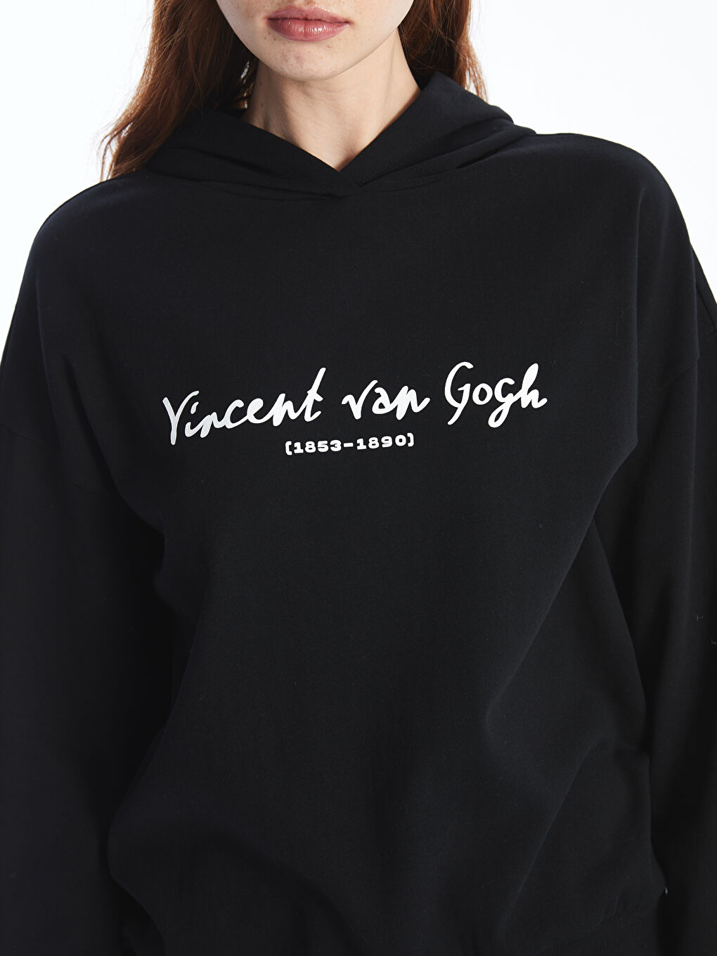 XSIDE Yeni Siyah Vincent van Googh Baskılı Oversize Kadın Kalın Hoodie - 2