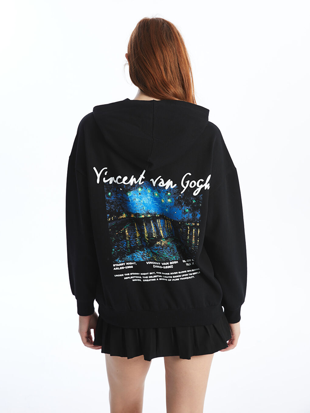 XSIDE Yeni Siyah Vincent van Googh Baskılı Oversize Kadın Kalın Hoodie - 4