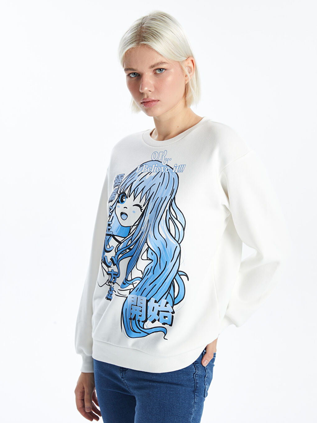 XSIDE Ekru Bisiklet Yaka Anime Baskılı Kadın Kalın Sweatshirt