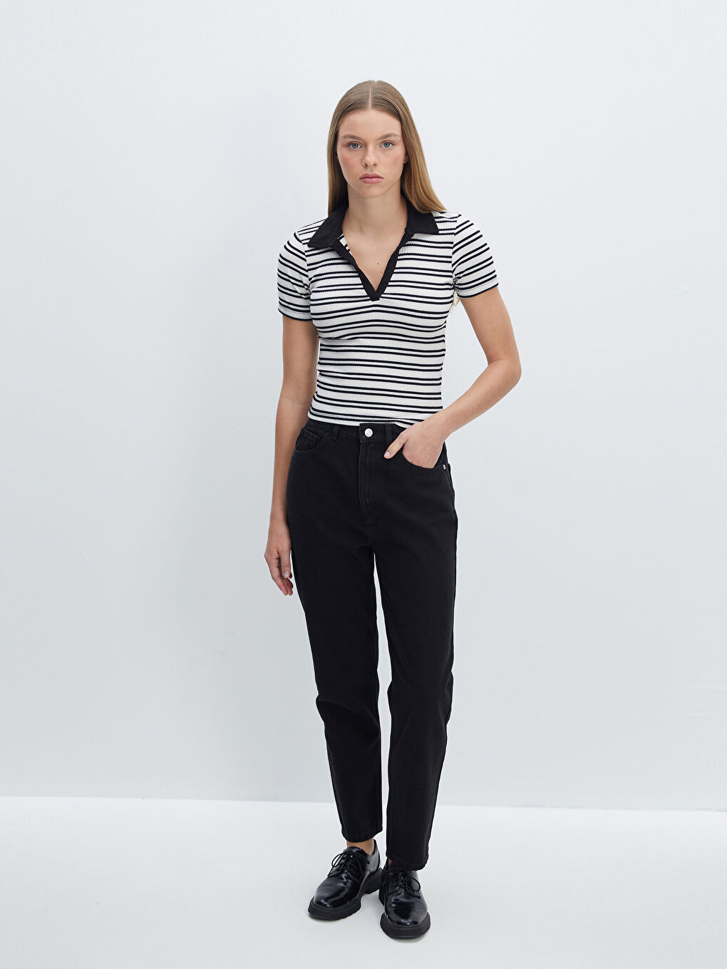 Polo Neck Striped Short Sleeve Women's T-Shirt-1