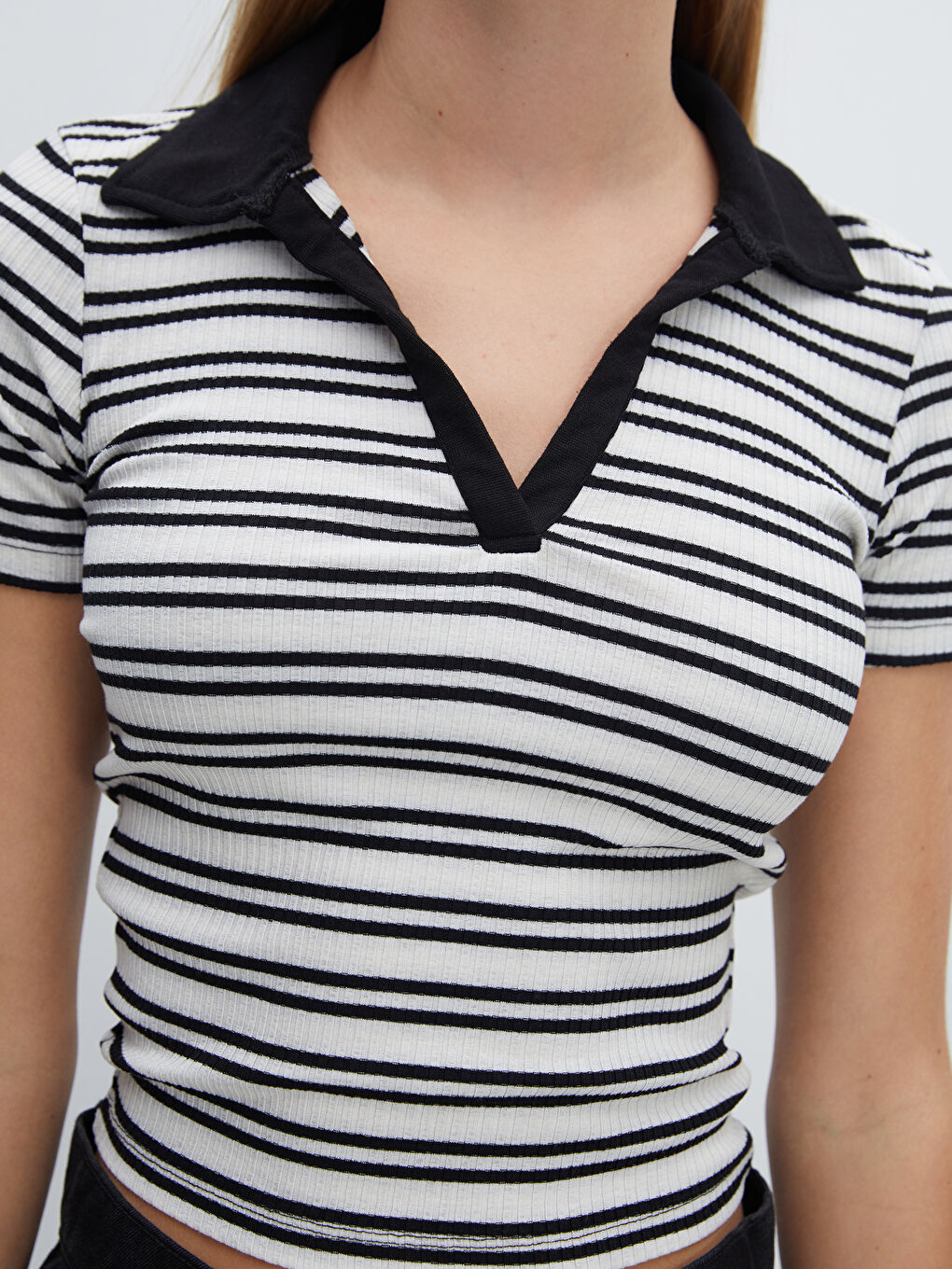Polo Neck Striped Short Sleeve Women's T-Shirt-2