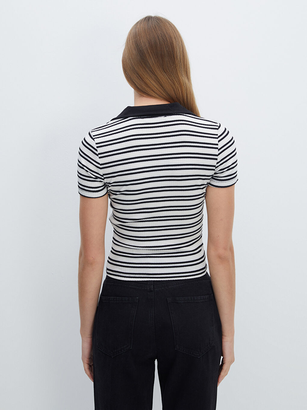 Polo Neck Striped Short Sleeve Women's T-Shirt-3