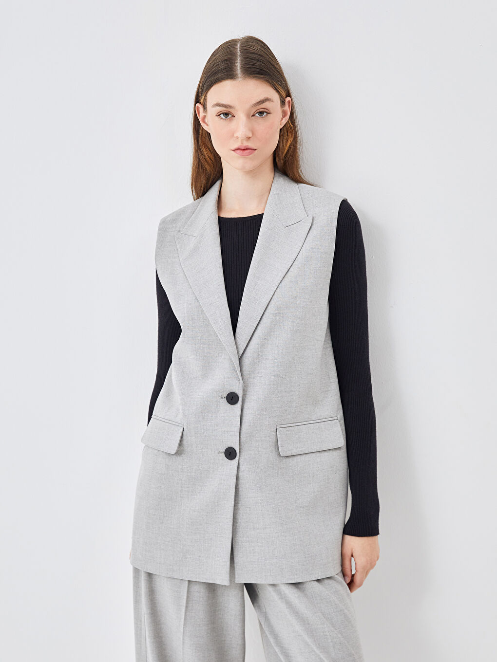 Gri Ceket Yaka Kadın Klasik Yelek