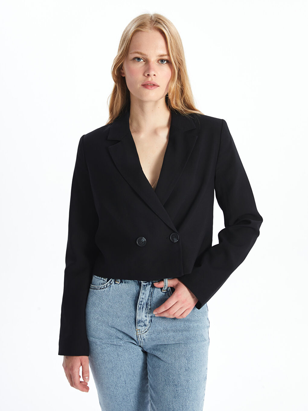 LCW Vision Yeni Siyah Düz Uzun Kollu Crop Kadın Blazer Ceket - 3