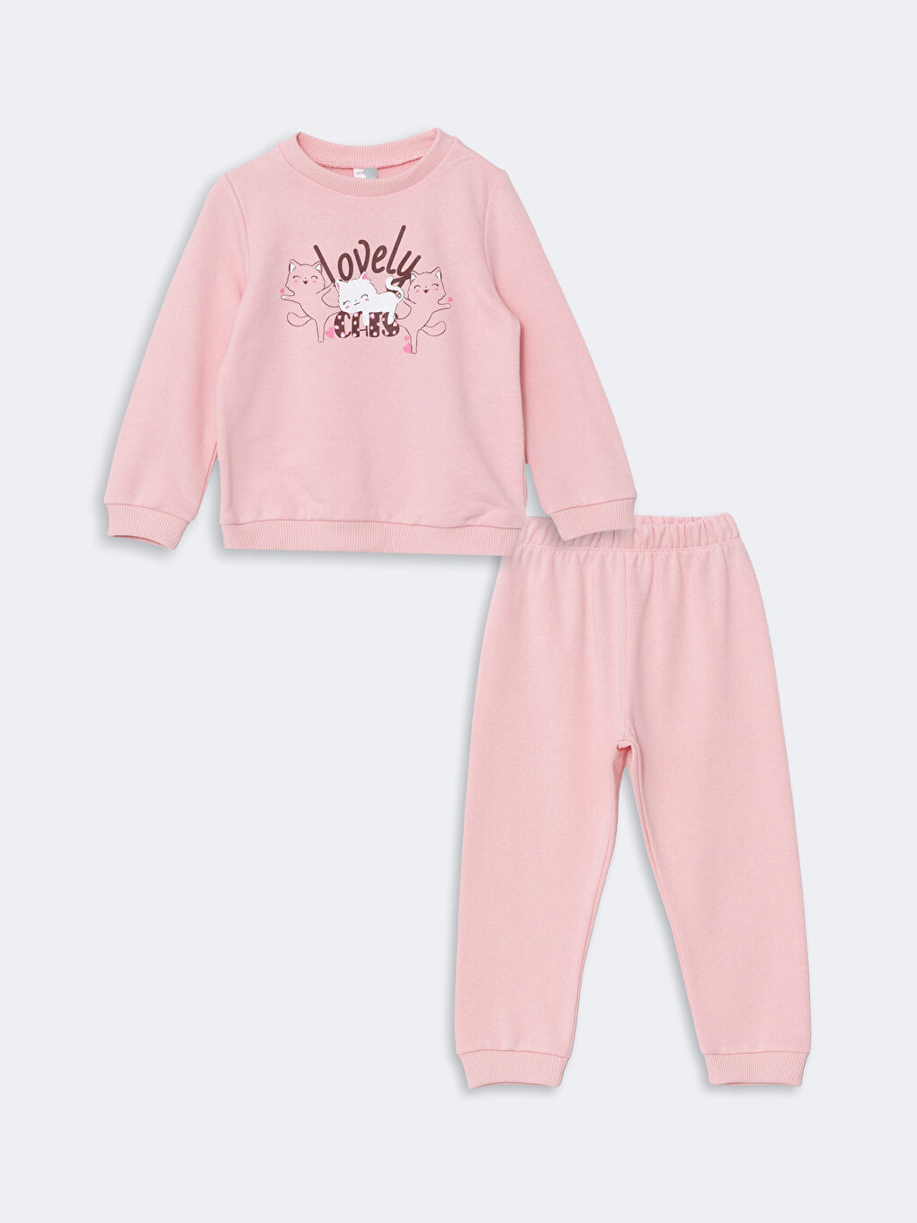 LCW ECO Pembe Bisiklet Yaka Baskılı Kız Bebek Sweatshirt ve Eşofman Alt 2'li Takım