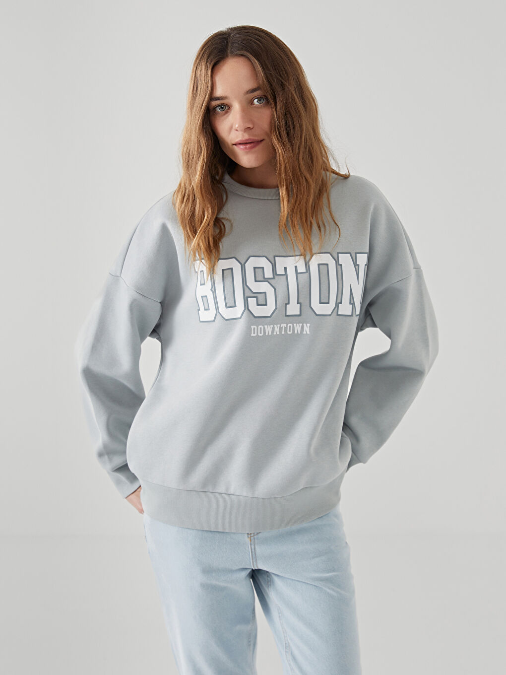 LCW Vision Gri Boston Baskılı Oversize Kadın Kalın Sweatshirt