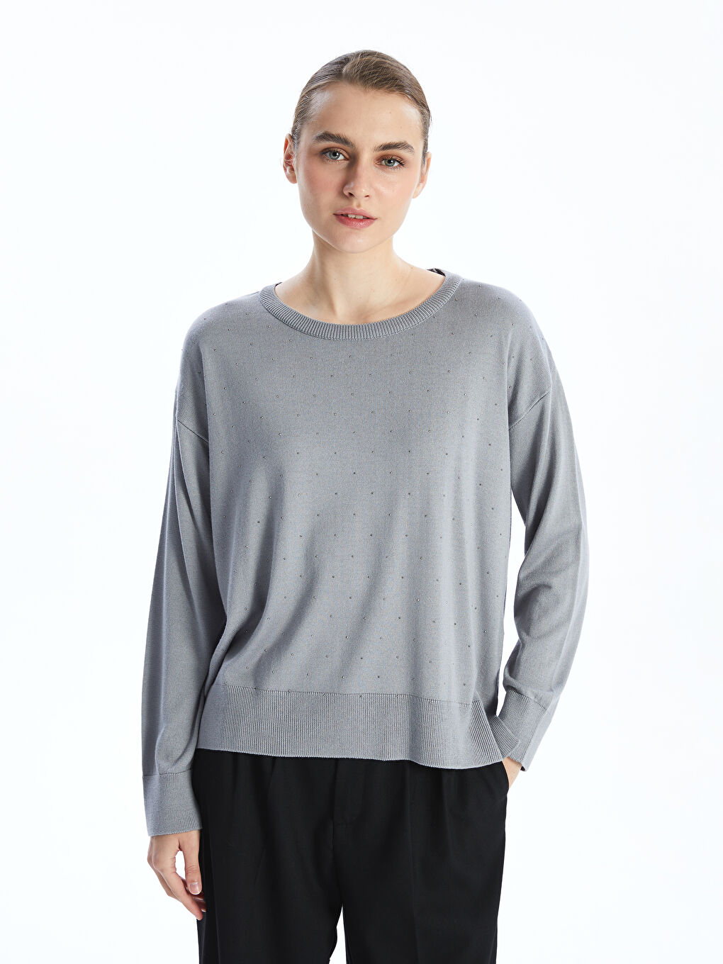 LCWAIKIKI Basic Crew Neck Rhinestone Embellished Women's Knitwear Sweater -W4IA27Z8-K0H