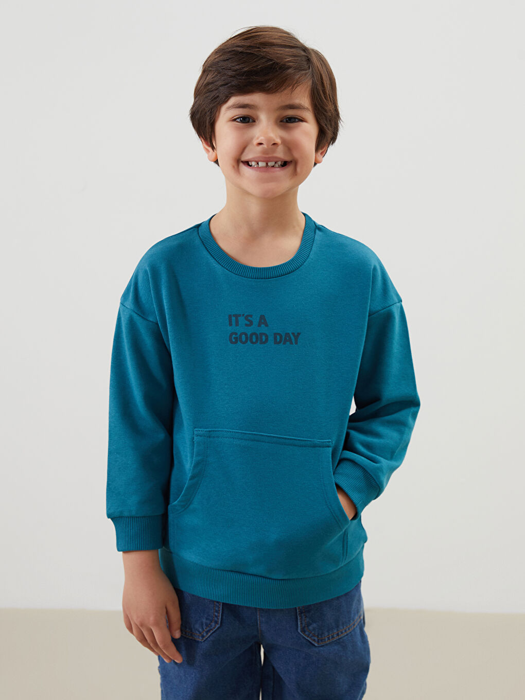 Petrol Bisiklet Yaka Uzun Kollu Baskılı Erkek Çocuk Sweatshirt