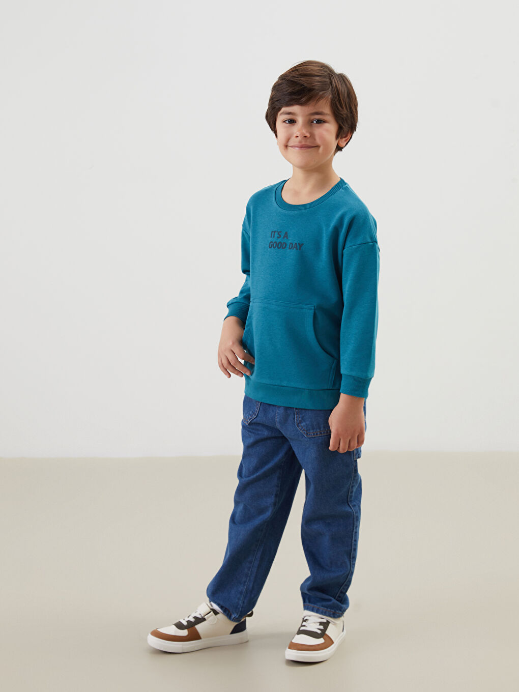 Petrol Bisiklet Yaka Uzun Kollu Baskılı Erkek Çocuk Sweatshirt-1