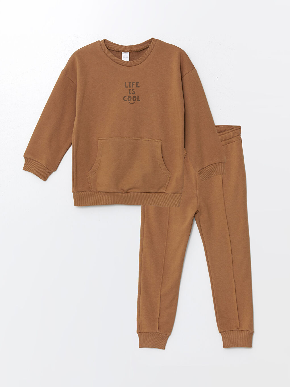 LCW Kids Açık Kahverengi Bisiklet Yaka Baskılı Erkek Bebek Sweatshirt ve Eşofman Alt 2'li Takım