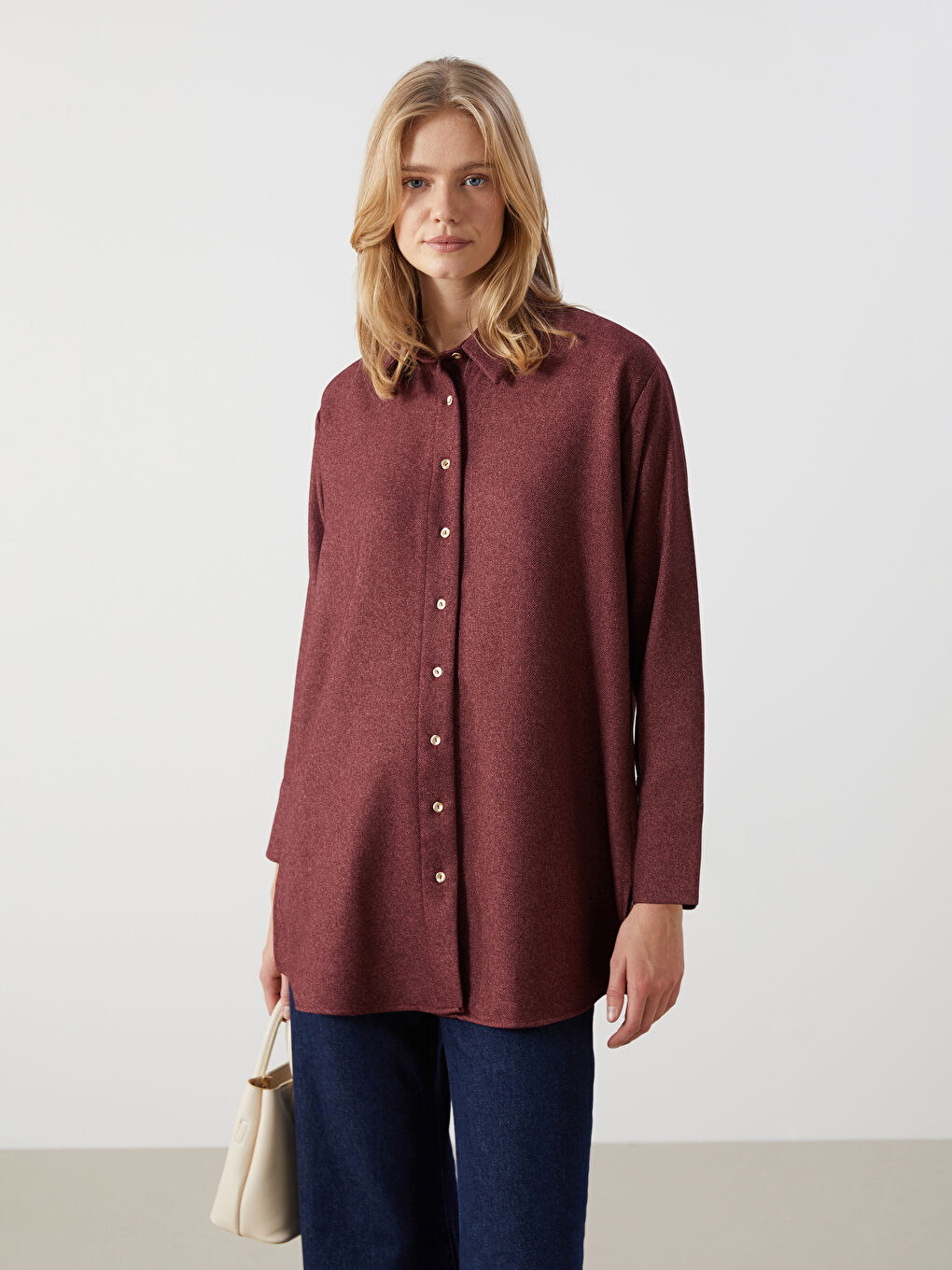 LCW Modest Bordo Oversize Kadın Gömlek Tunik