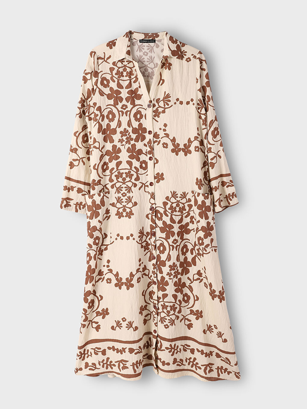 فستان قميص كم طويل منقوش للسيدات