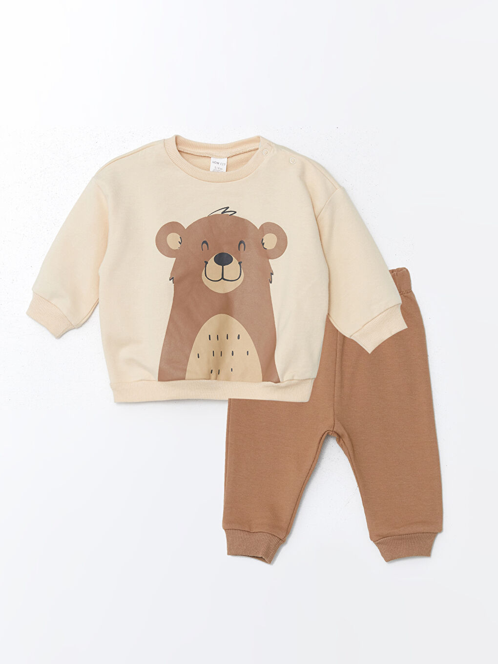 Bej Bisiklet Yaka Uzun Kollu Baskılı Erkek Bebek Sweatshirt ve Eşofman Alt 2'li Takım