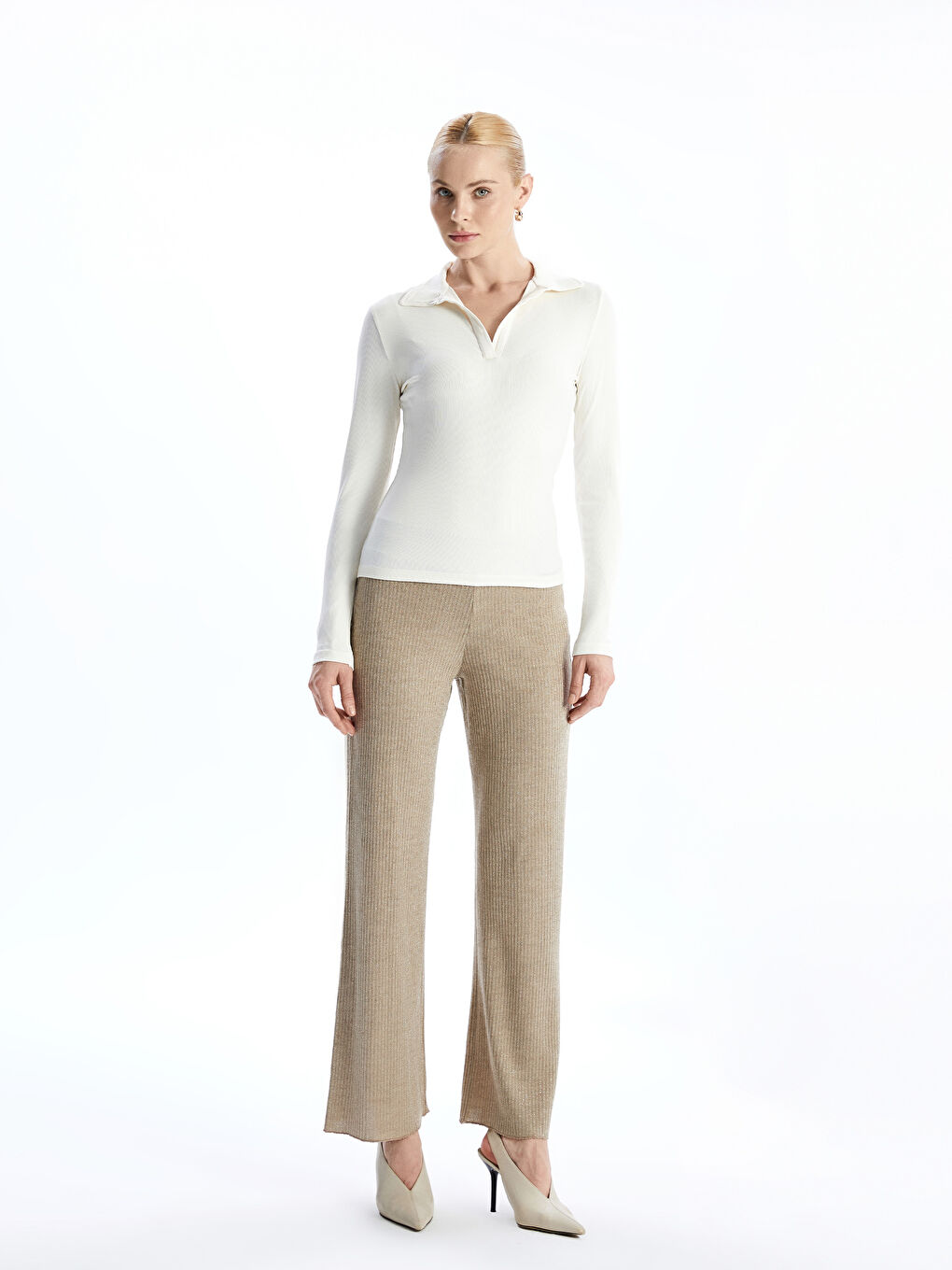 Polo Neck Long Sleeve Textured Women's Body-1