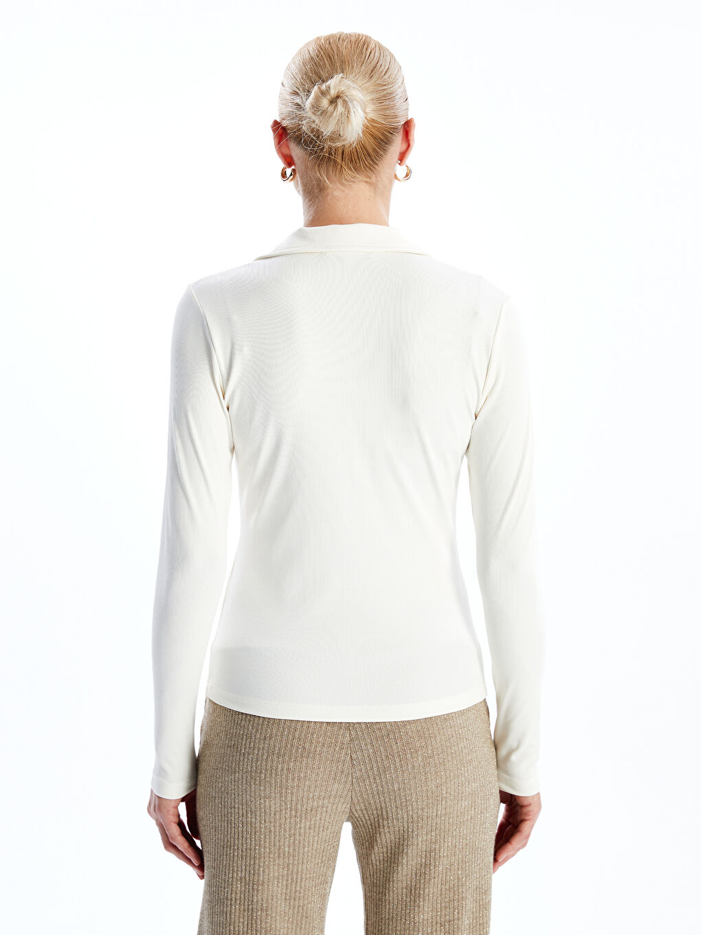 Polo Neck Long Sleeve Textured Women's Body-3