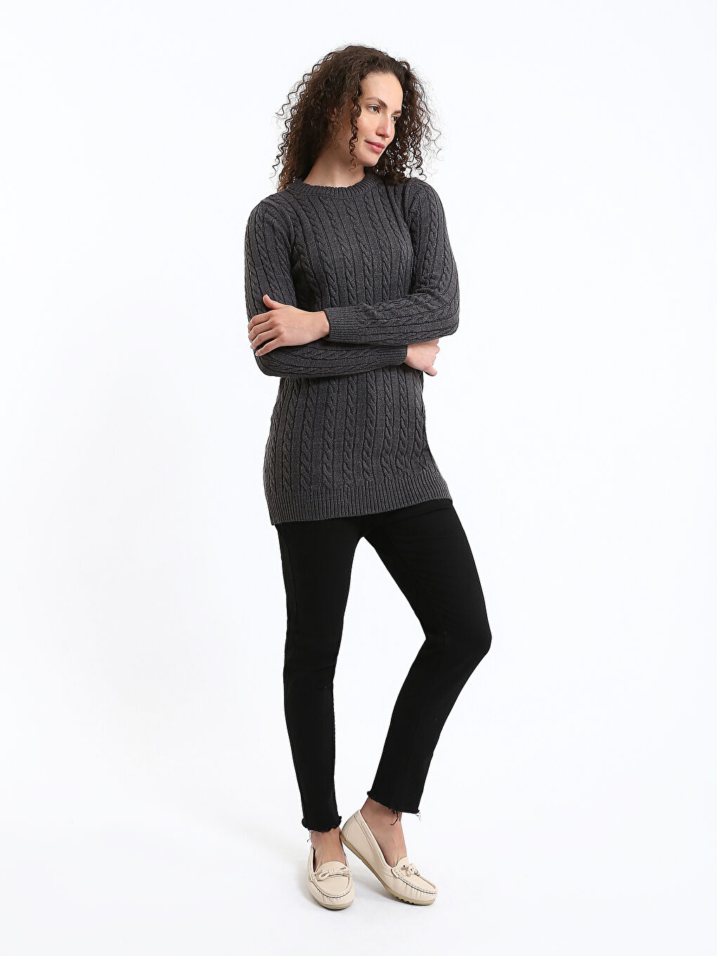 Crew Neck Self-Patterned Women's Knitwear Sweater-1