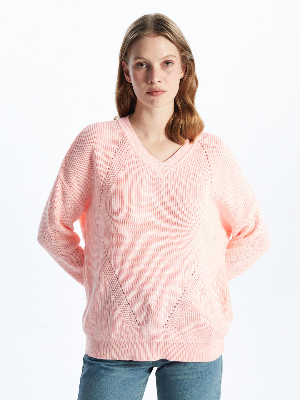 V-neck Hole-knitted Long Sleeve Women's Knitwear Sweater